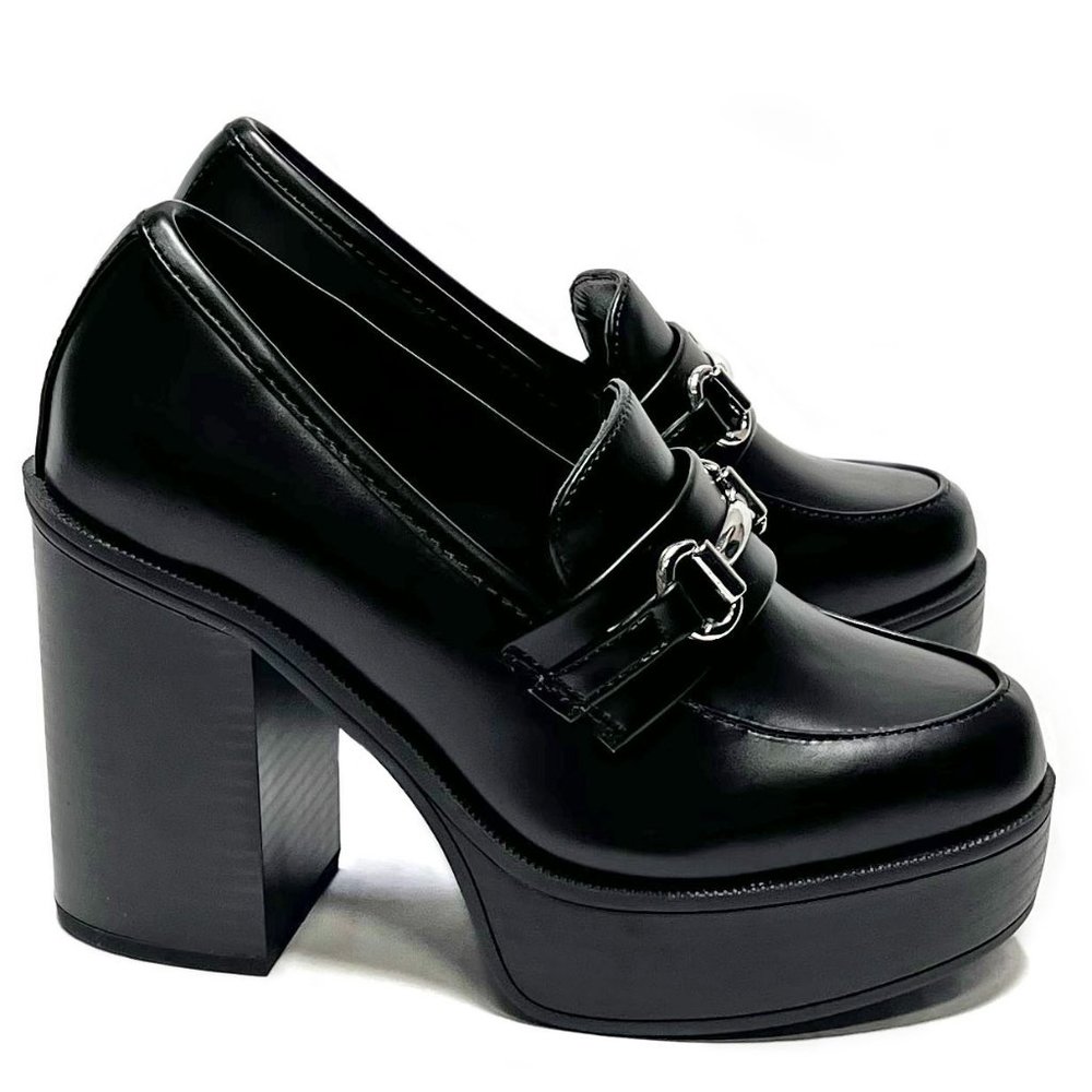 New Black Platform Chunky Heel Penny Loafers